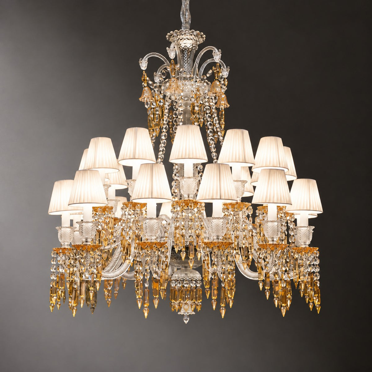 Corlea Amber Tiered Crystal 24-Light Chandelier 42.5" on a dark olive wall