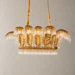 Crystal Chandelier Art Deco Textured Gold Metal 8-Light 59.1" L for Dining Room on a light warm plaster wall