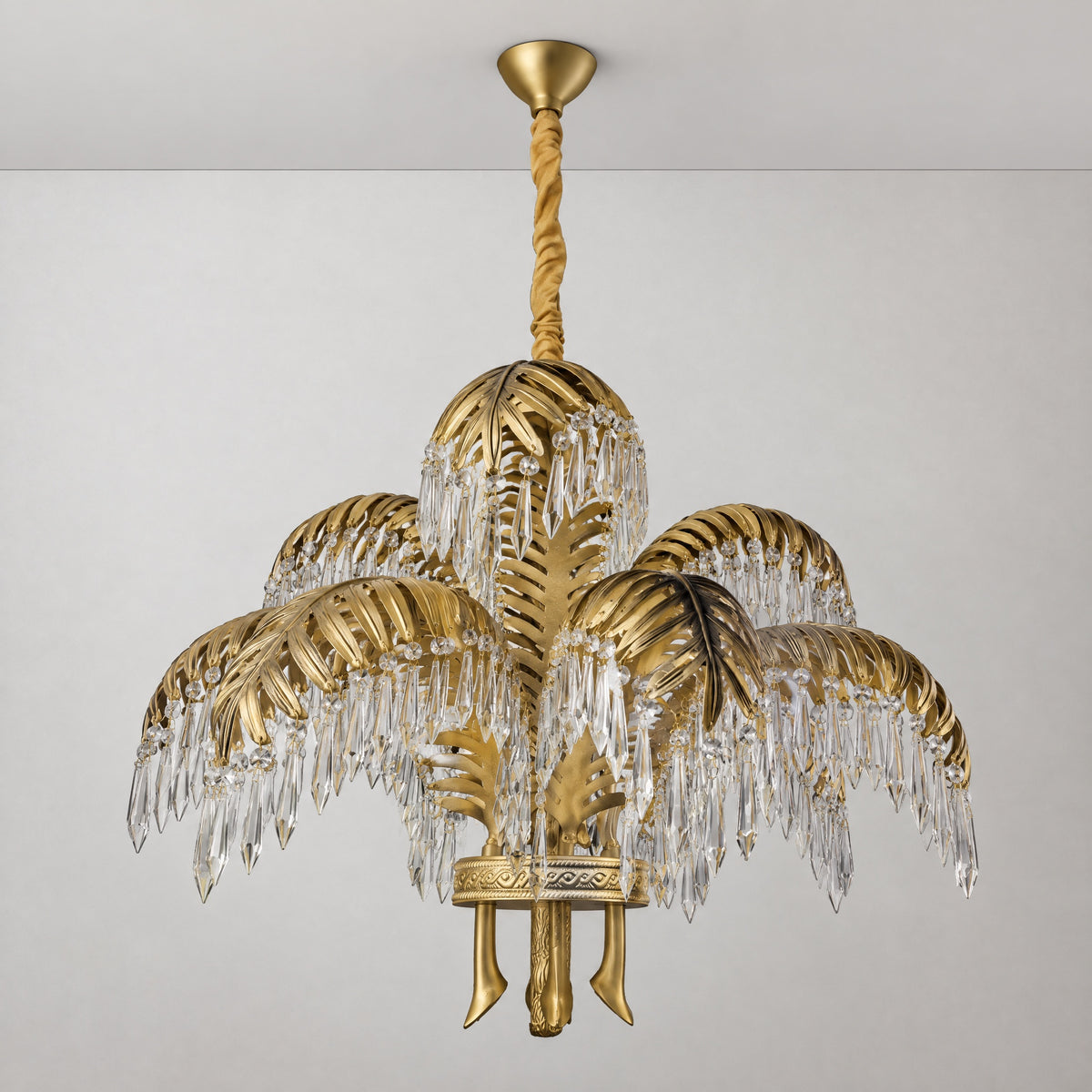 Crystal Chandelier Glam Gold Metal Palm Leaf 9-Light Ø29.9" for Dining Room – lights off