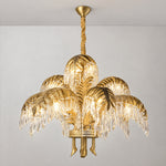 Crystal Chandelier Glam Gold Metal Palm Leaf 9-Light Ø29.9" for Dining Room – lights on