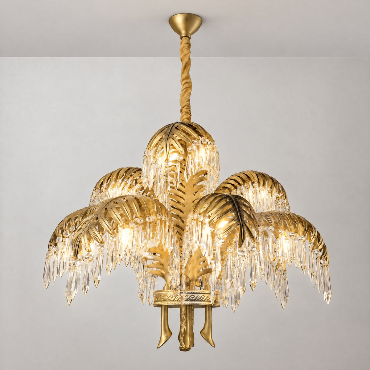Crystal Chandelier Glam Gold Metal Palm Leaf 9-Light Ø29.9" for Dining Room – lights on