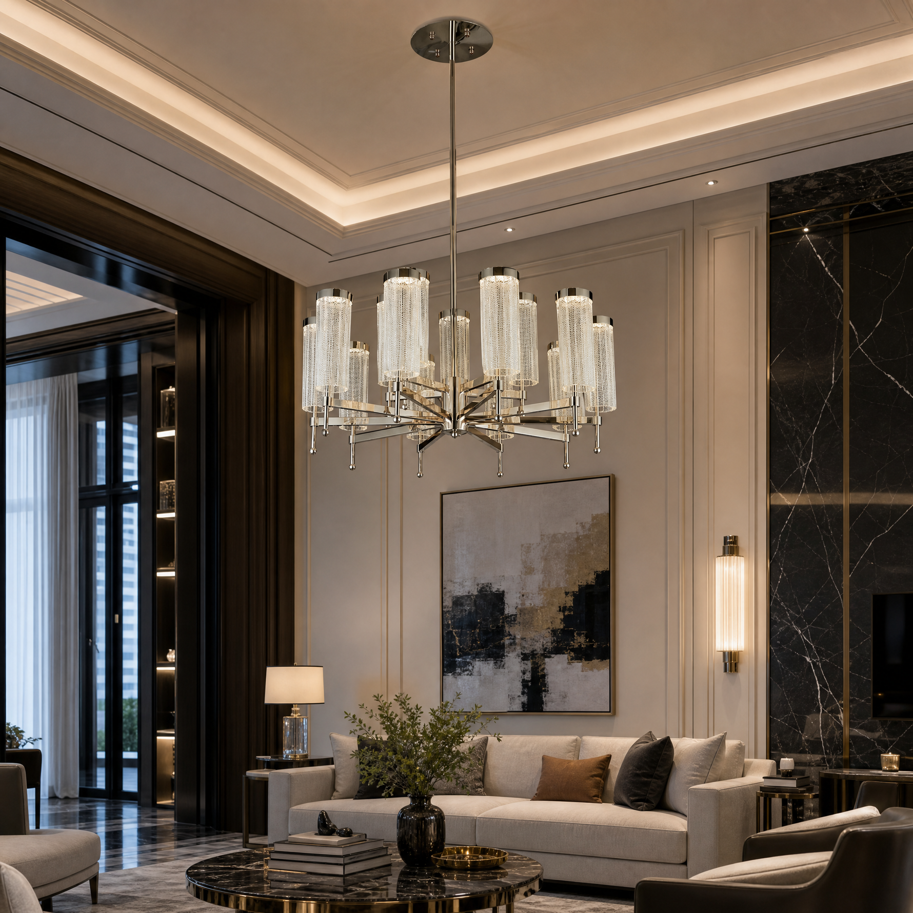 Crystalia Modern Sculptural Ring Chandelier - scene