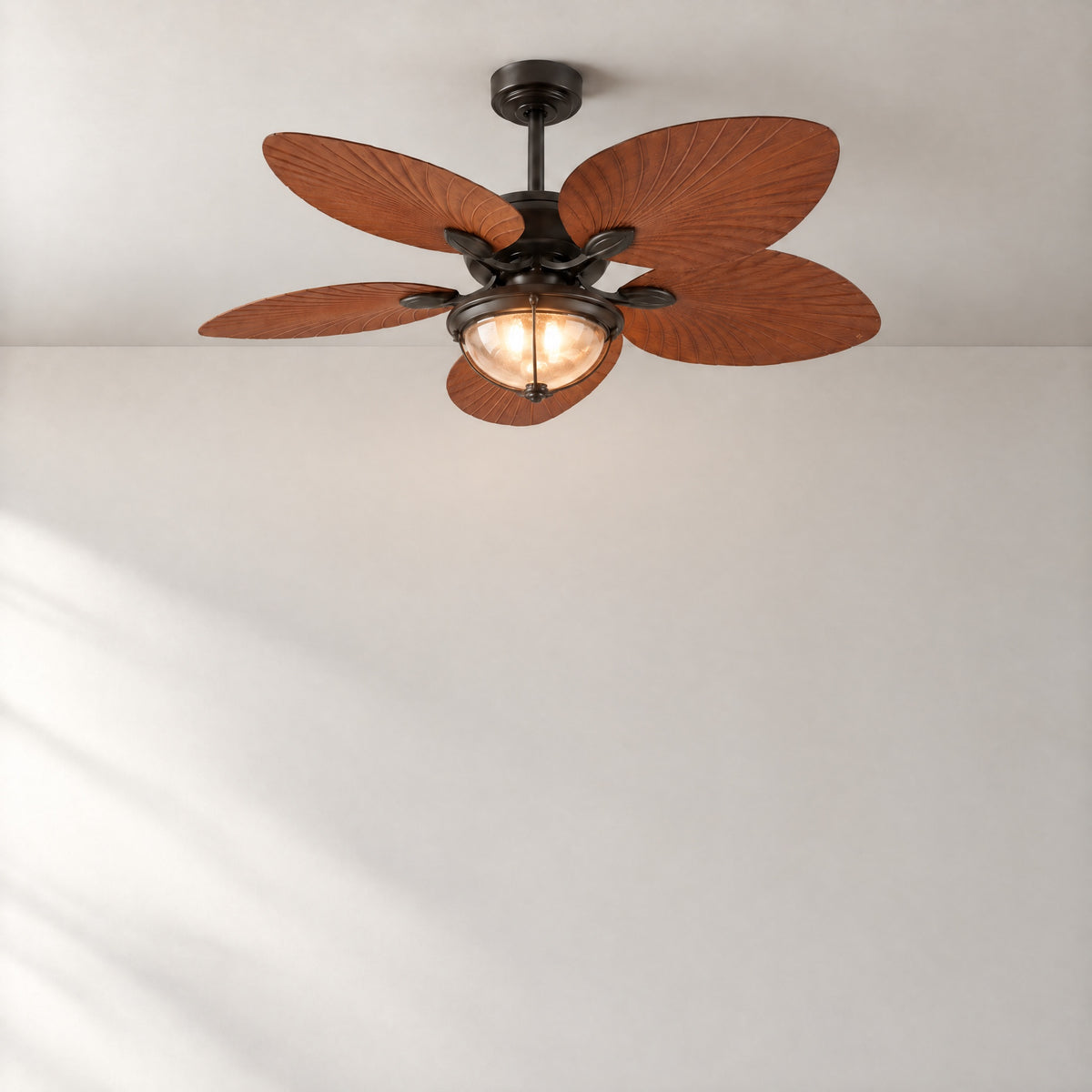 Dark Brown Reversible Palm Leaf Blade Ceiling Fan – lights on