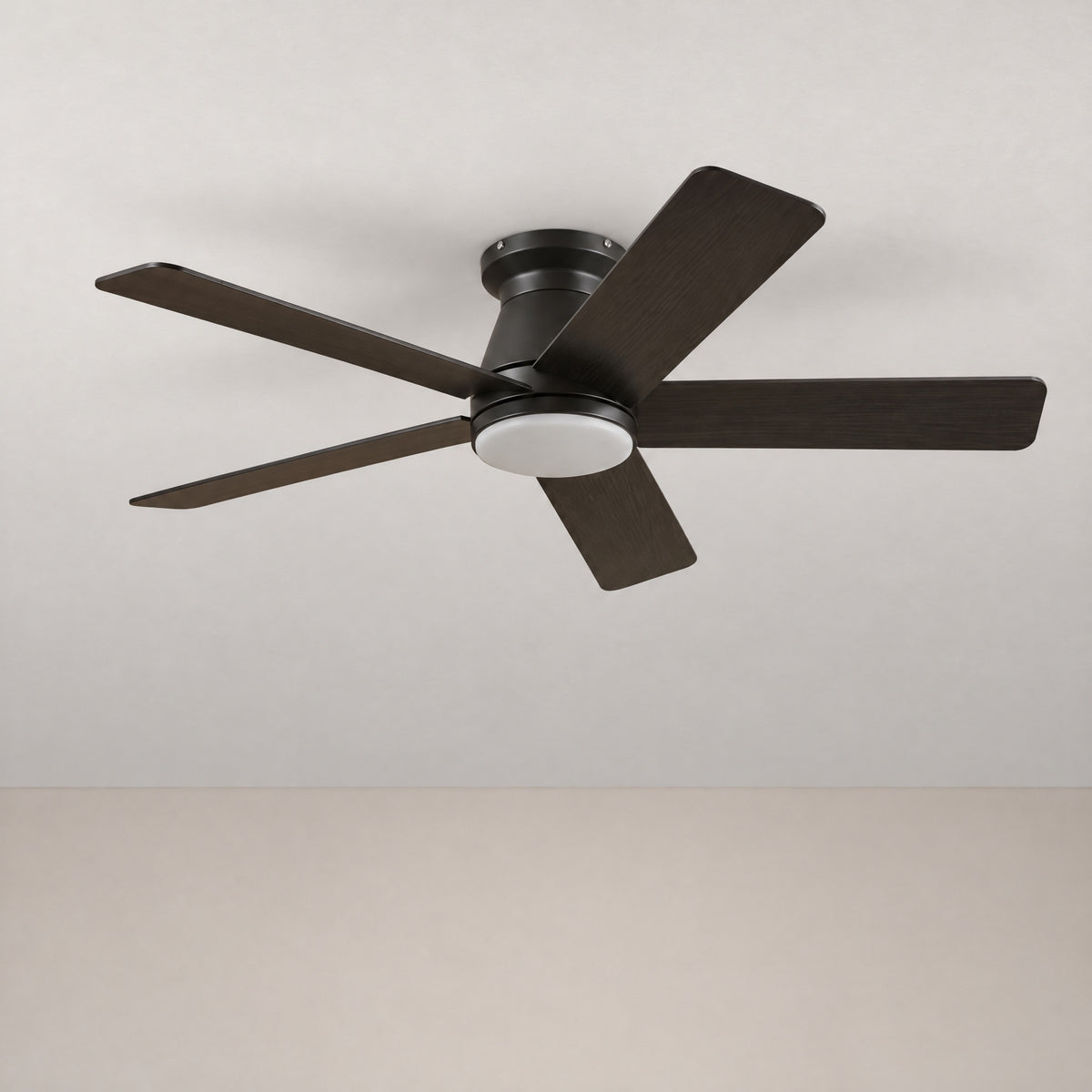 Dark Wood Grain Paddle Blade Flush Mount Ceiling Fan – lights off