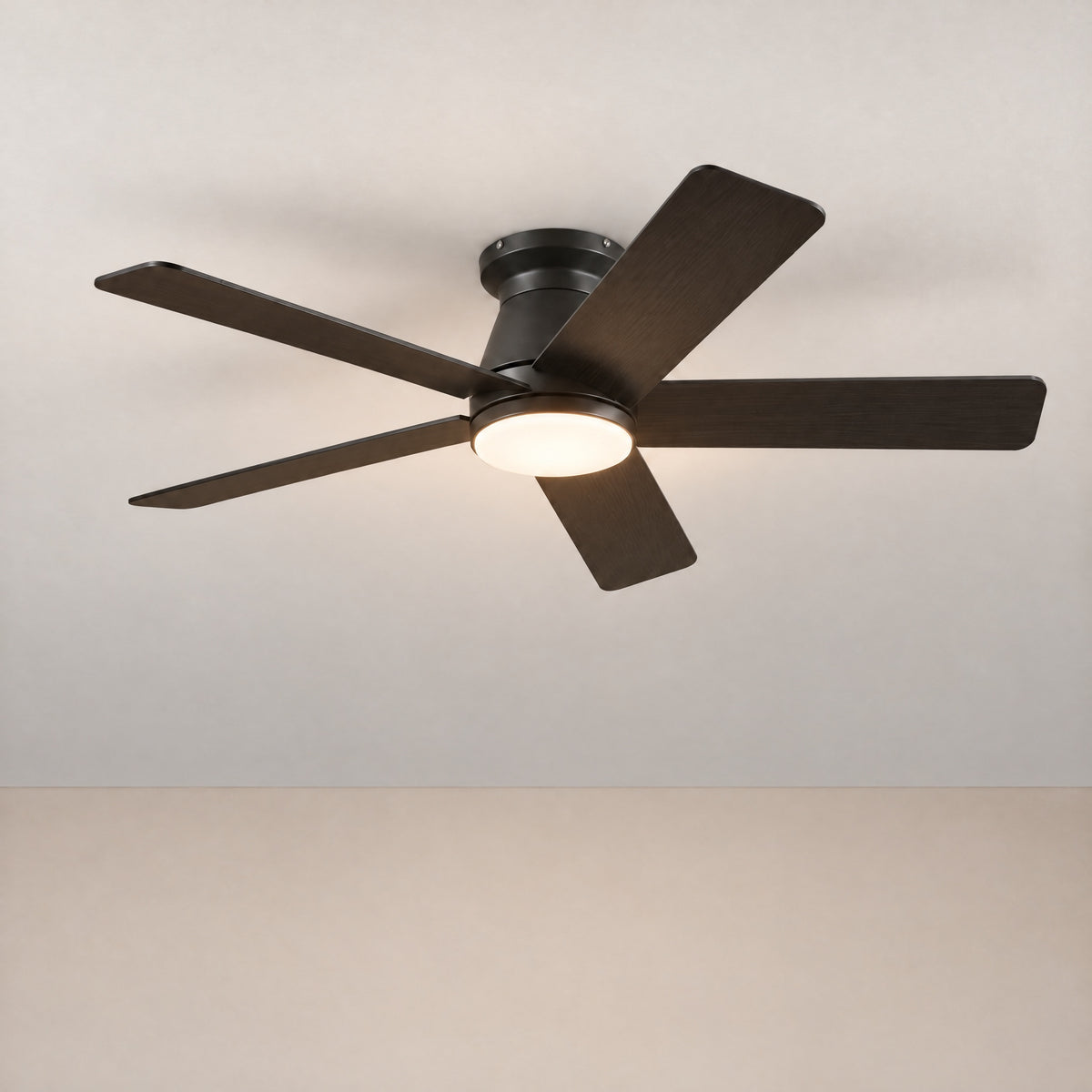 Dark Wood Grain Paddle Blade Flush Mount Ceiling Fan – lights on