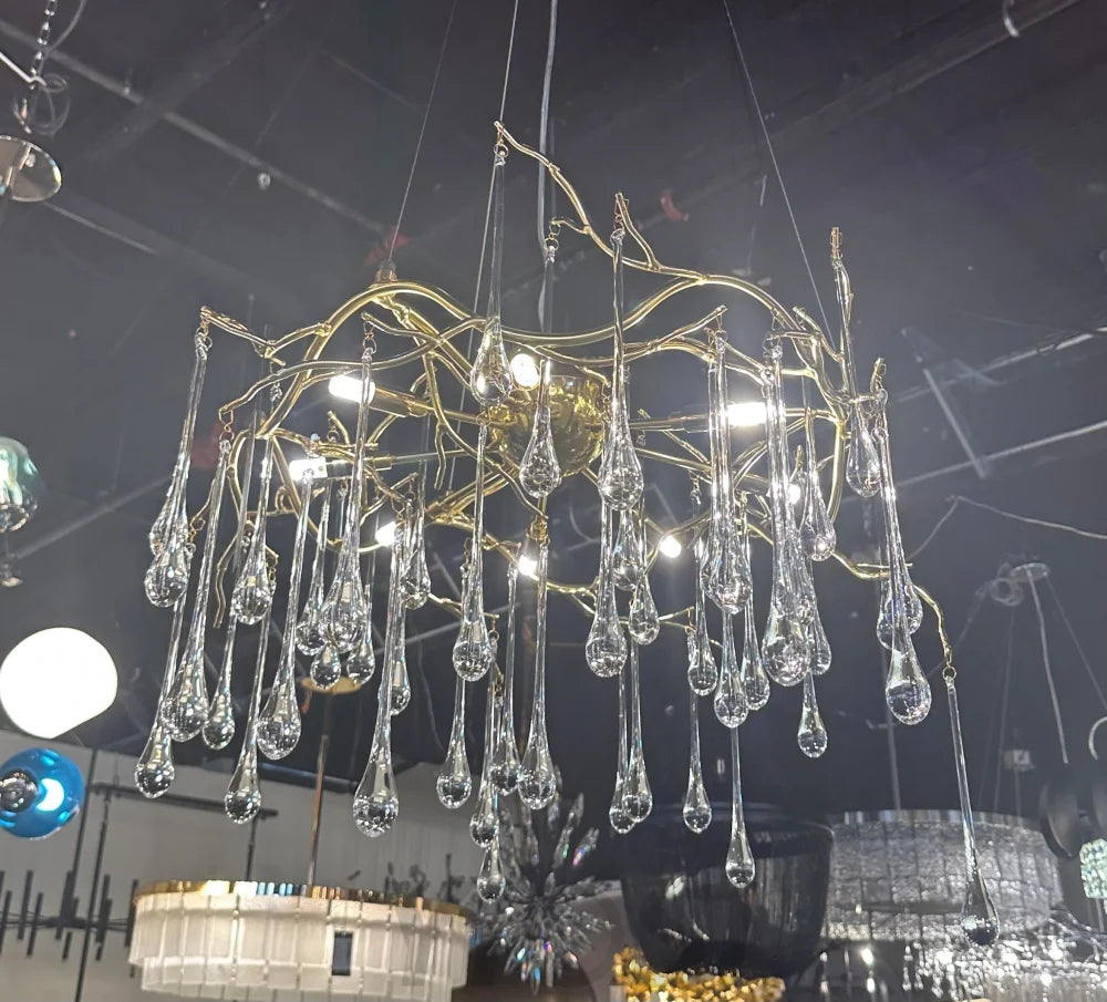 Dawn Lukas Teardrop Branching Brass Round Chandelier - #anselme, #seville, #sevilleanselme, 11+ lights, 50 - 60 inches, ADL, aidan selection, antiqued, branching, brass, c2, cf-color-antiqued-gray, cf-color-antiqued-white, cf-size-13-wide-by-24-high, cf-size-19-wide-by-33-high, chandeliers, chandelierss, clear, crystal, designer inspired, flower, hand crafted, industrial, italian concept, modern, new 2019, PPC Google Best Sellers, restoration selection, round, unique-1-Yiosilamp