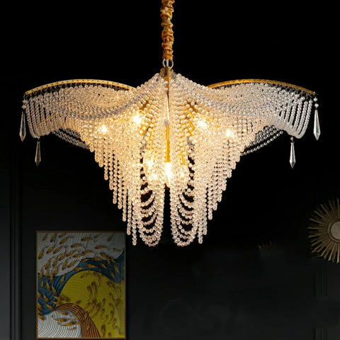 Decorative Beaded Crystal Brass Chandelier Elegant Ceiling Light Fixture For Living Room/ Bedroom