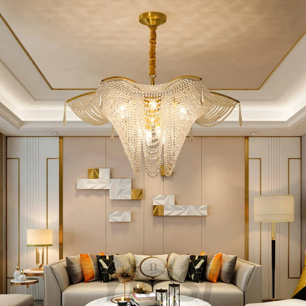 Decorative Beaded Crystal Brass Chandelier Elegant Ceiling Light Fixture For Living Room/ Bedroom