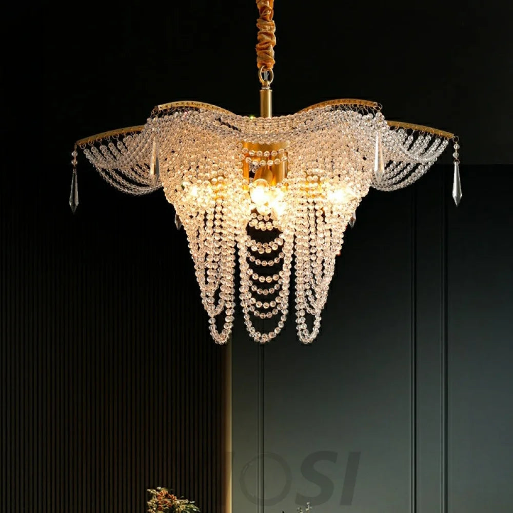 Decorative Beaded Crystal Brass Chandelier Elegant Ceiling Light Fixture For Living Room/ Bedroom