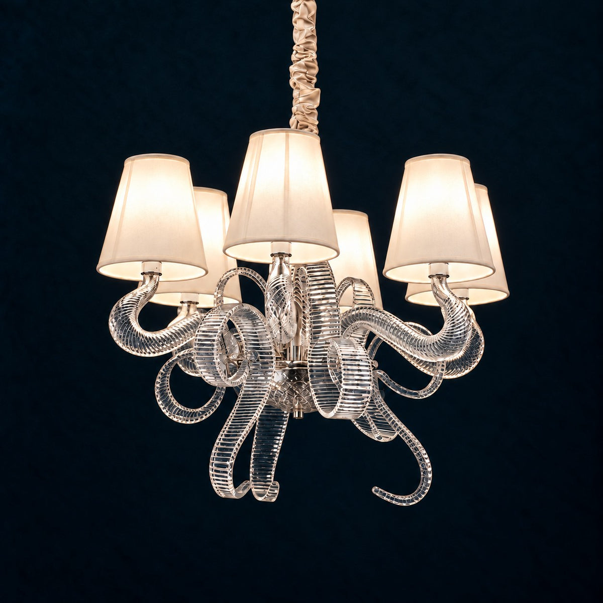 Delvara White Ribbon Glass 6-Light Chandelier 27.6" on a deep teal-blue wall