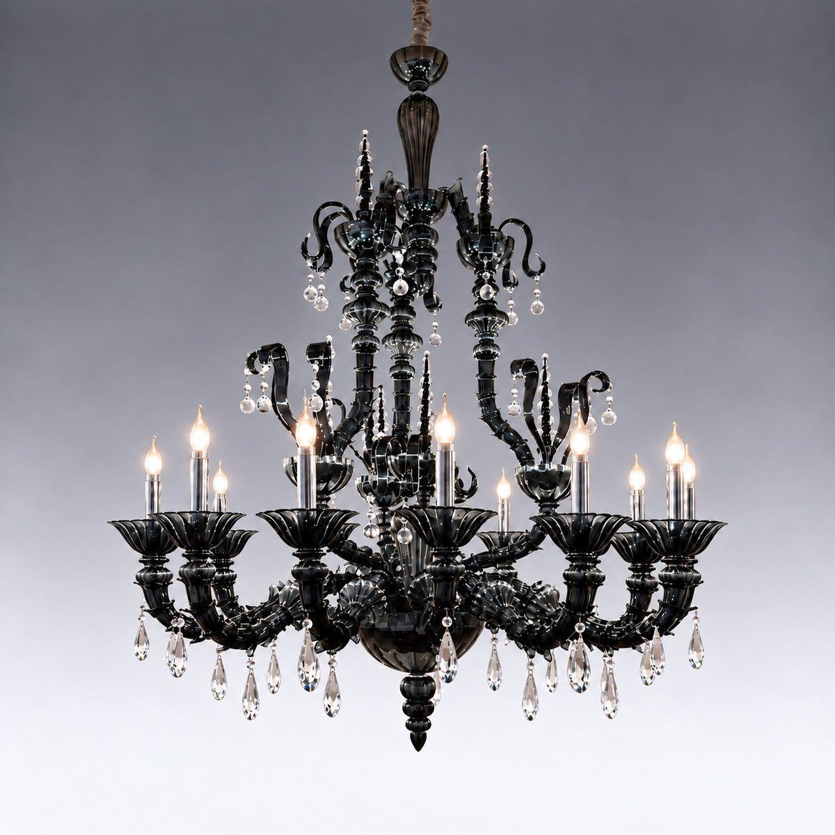 Dorvia Smoke Venetian Glass 12-Light Chandelier 47.2" on a soft grey wall