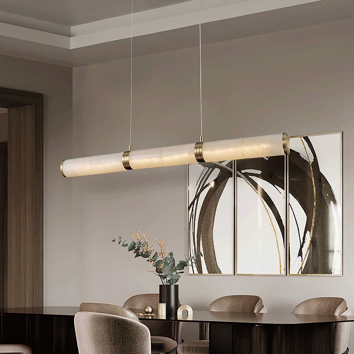 Elegant Alabaster Beam Pendant Light Sculptural with Brass Accents