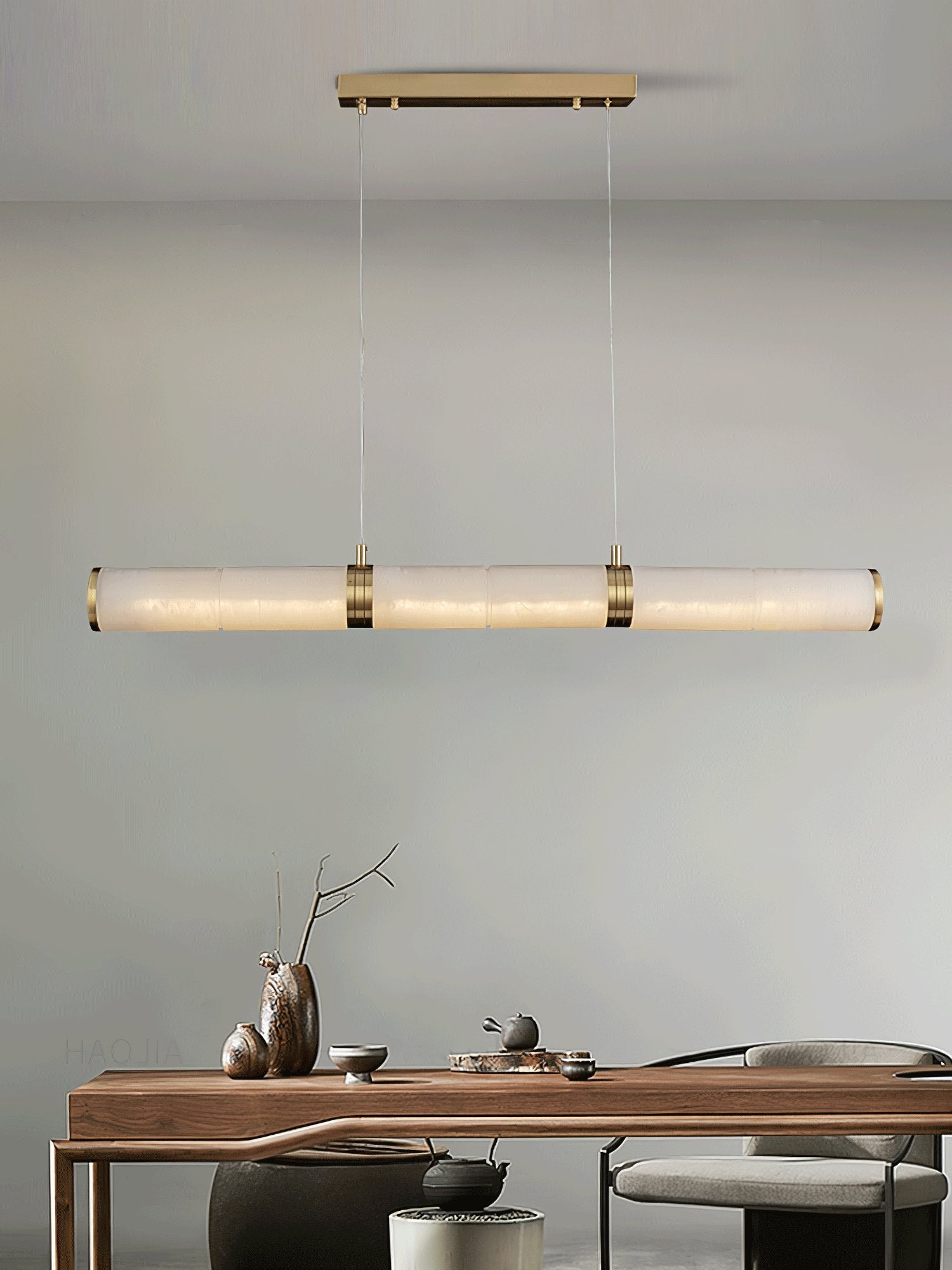 Elegant Alabaster Beam Pendant Light Sculptural with Brass Accents