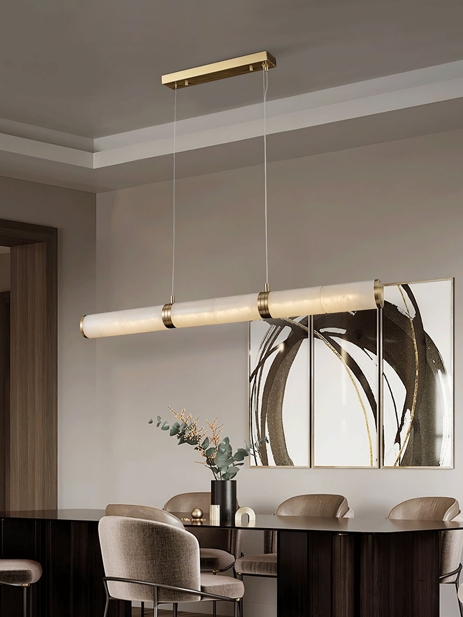 Elegant Alabaster Beam Pendant Light Sculptural with Brass Accents