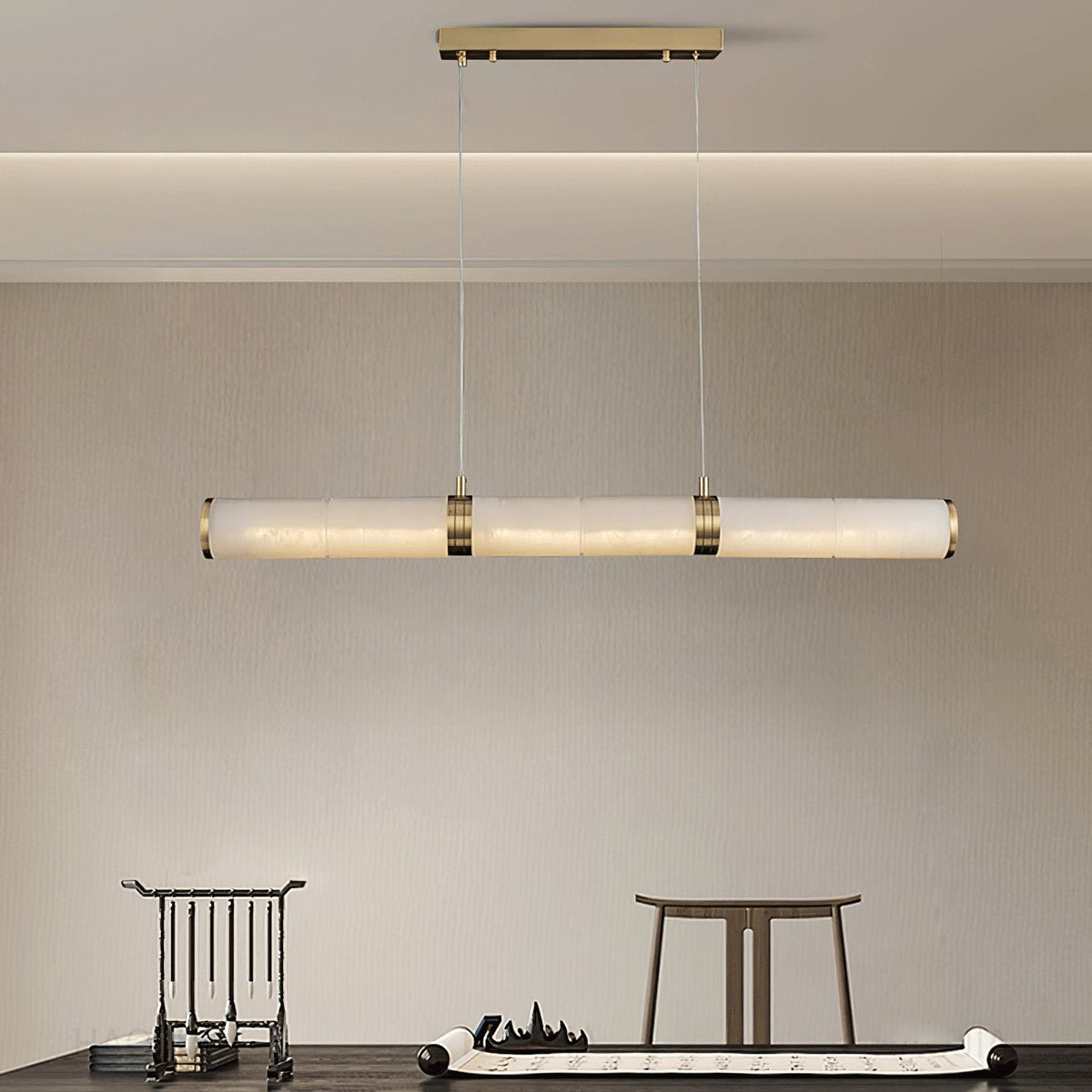 Elegant Alabaster Beam Pendant Light Sculptural with Brass Accents
