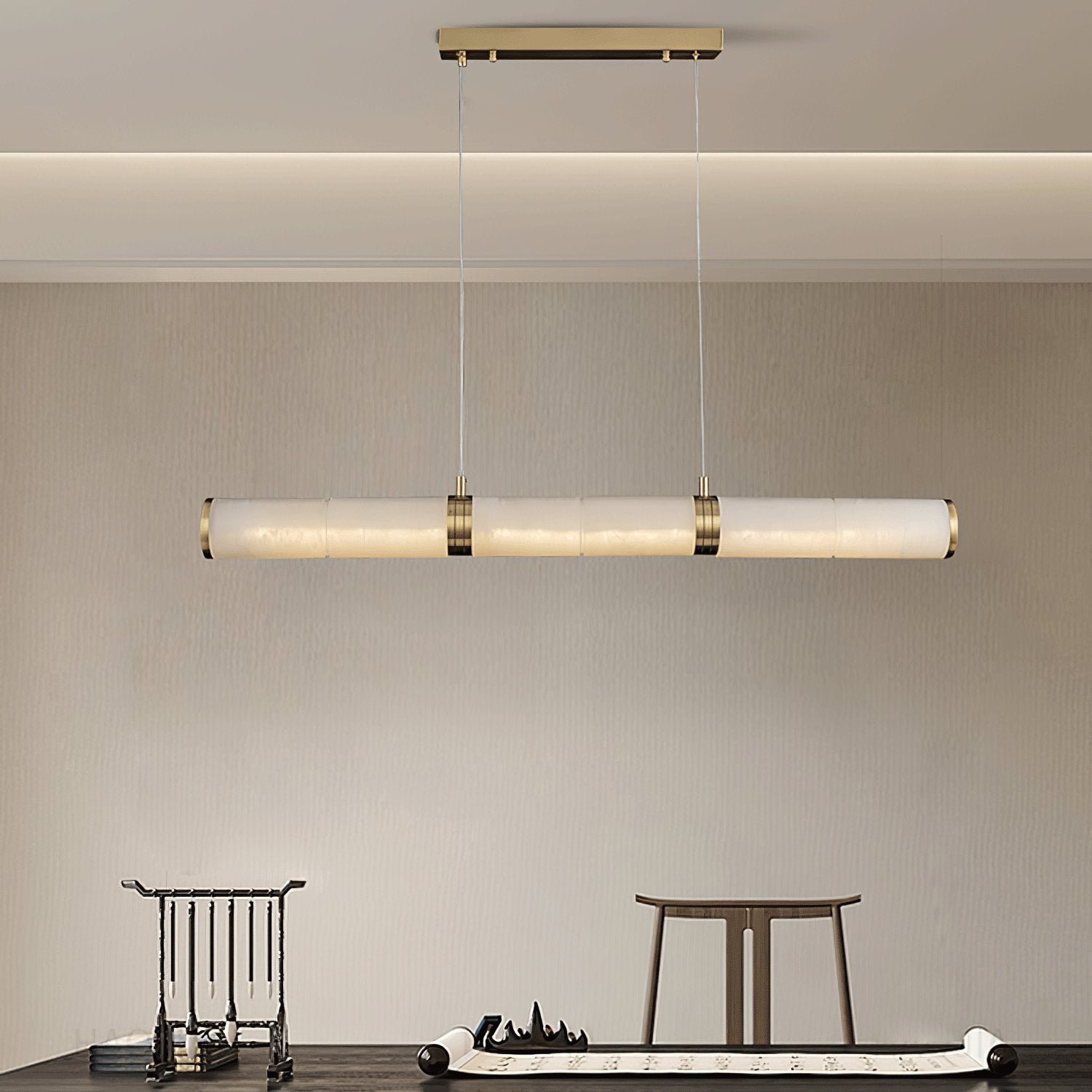 Elegant Alabaster Beam Pendant Light Sculptural with Brass Accents