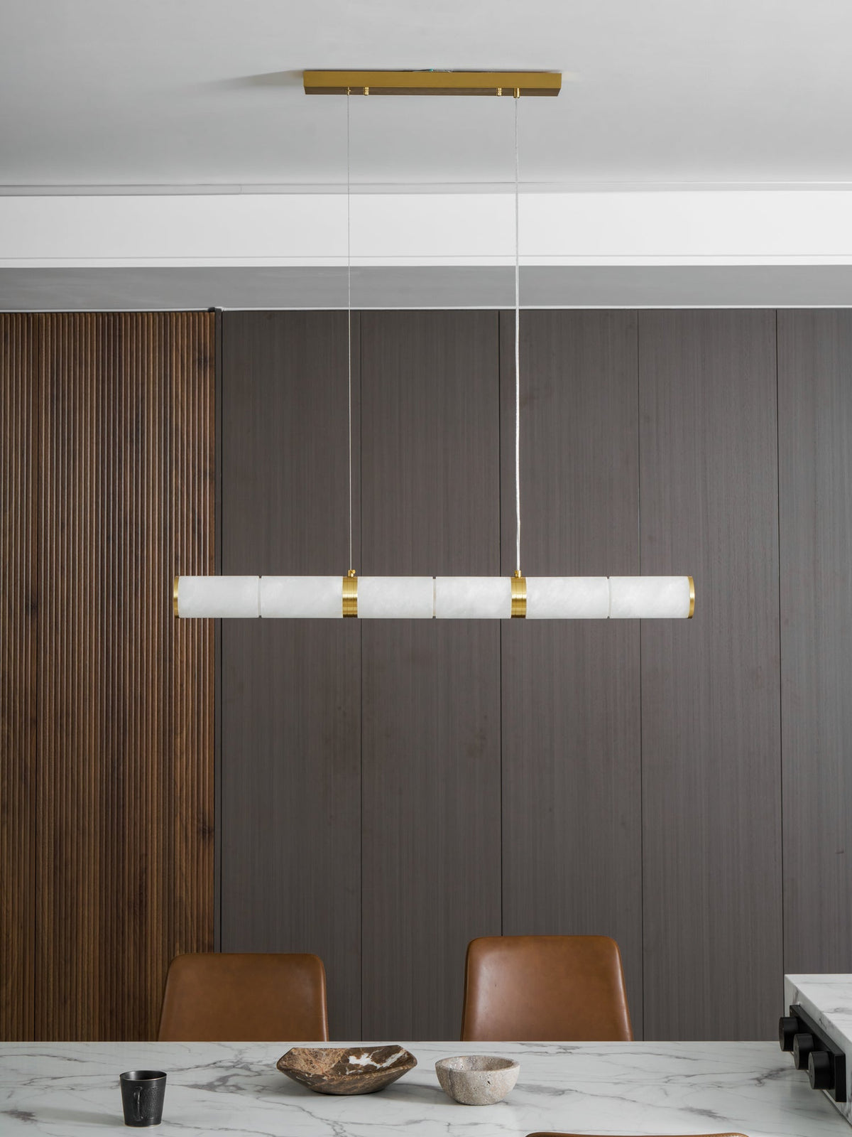 Elegant Alabaster Beam Pendant Light Sculptural with Brass Accents