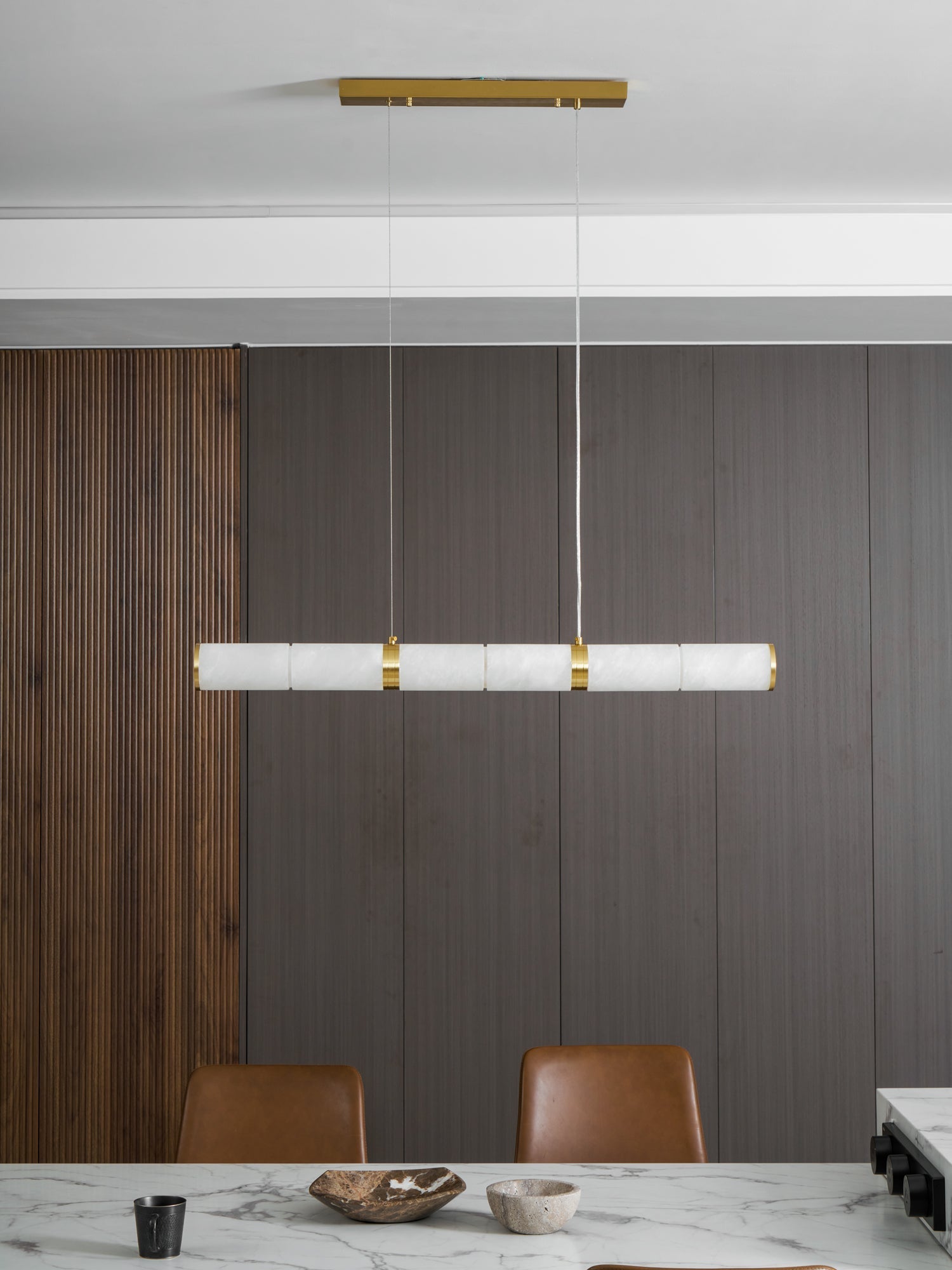 Elegant Alabaster Beam Pendant Light Sculptural with Brass Accents