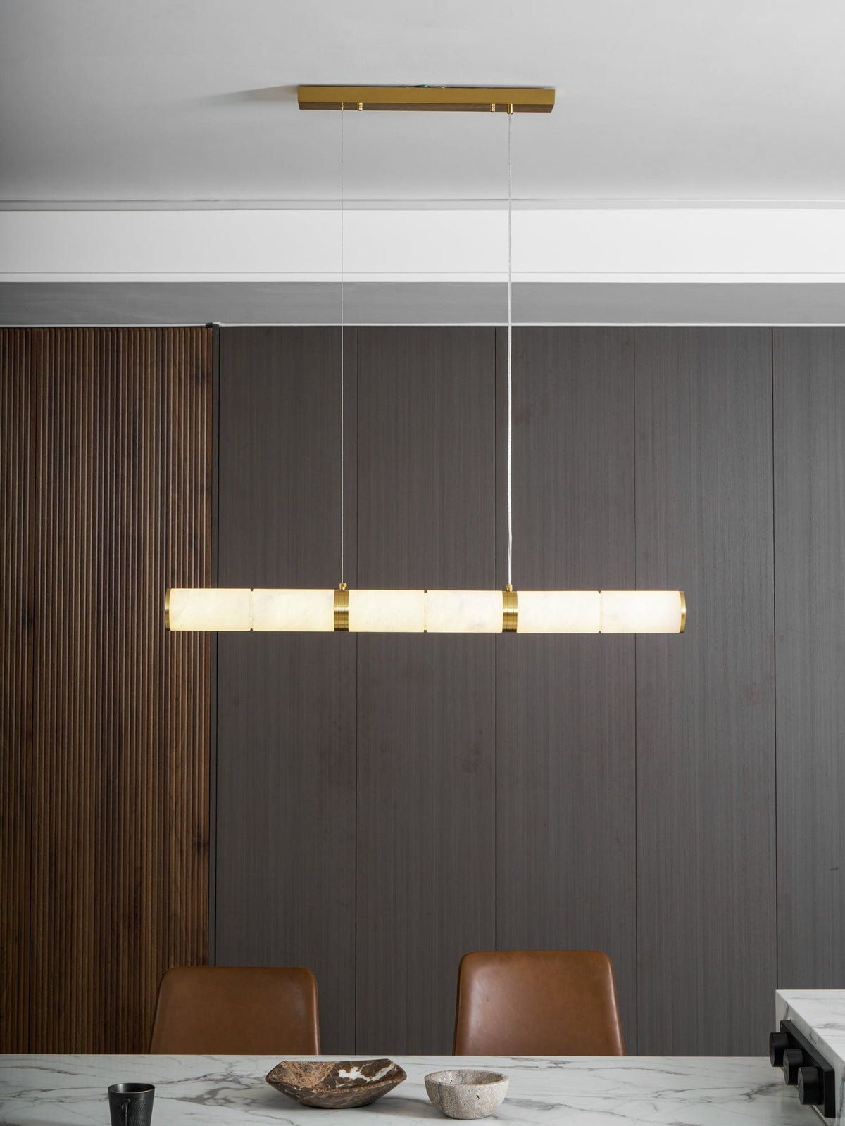 Elegant Alabaster Beam Pendant Light Sculptural with Brass Accents