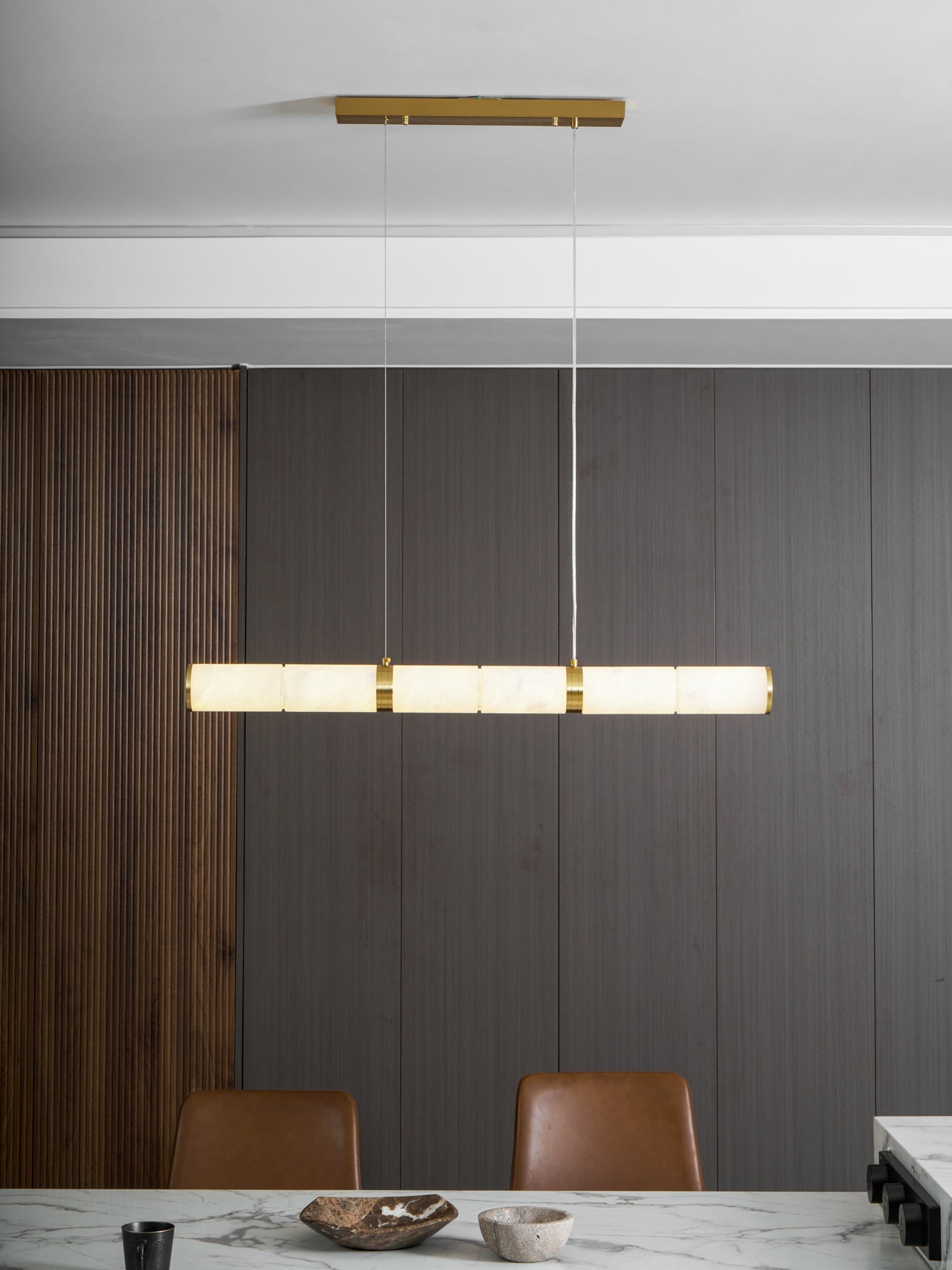 Elegant Alabaster Beam Pendant Light Sculptural with Brass Accents