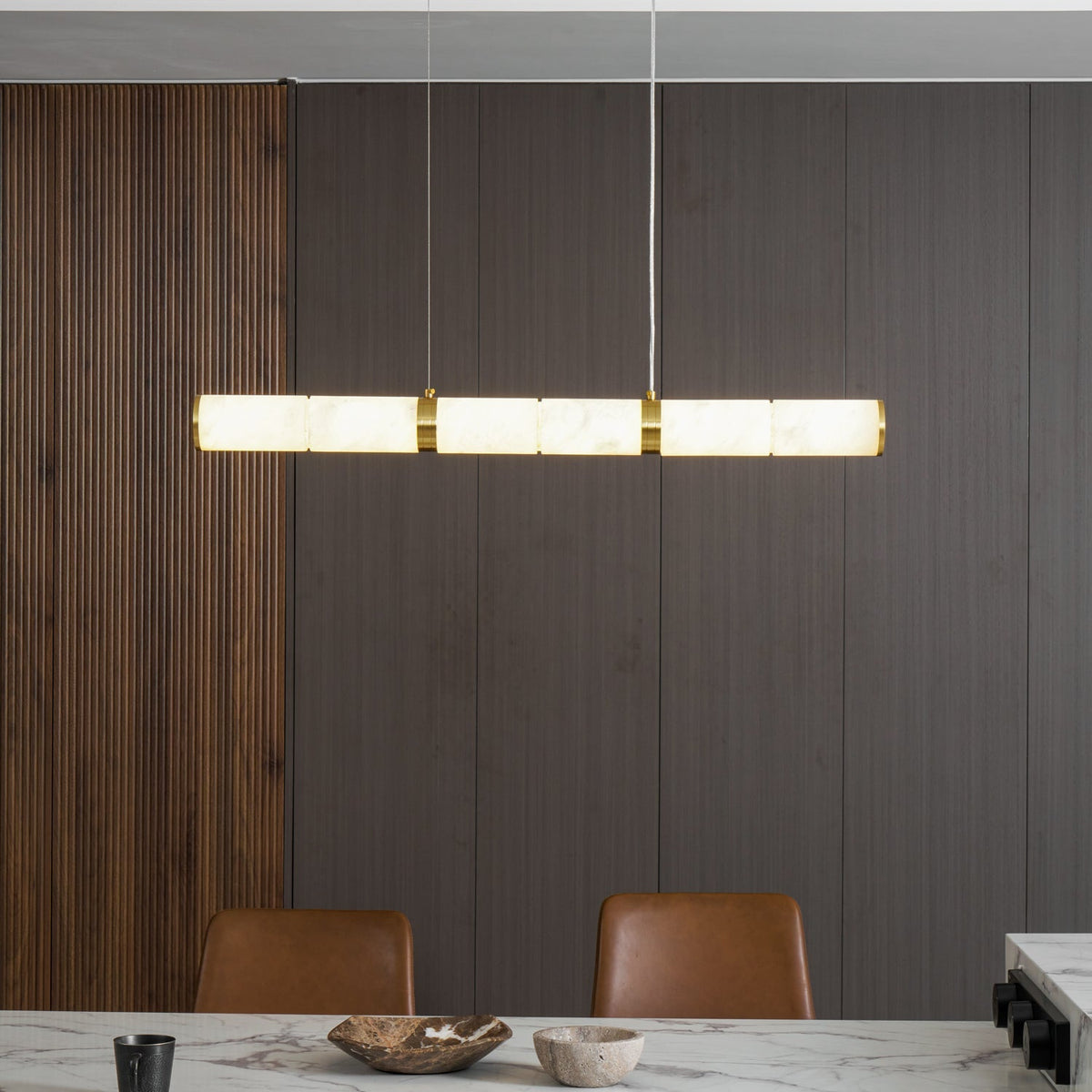 Elegant Alabaster Beam Pendant Light Sculptural with Brass Accents