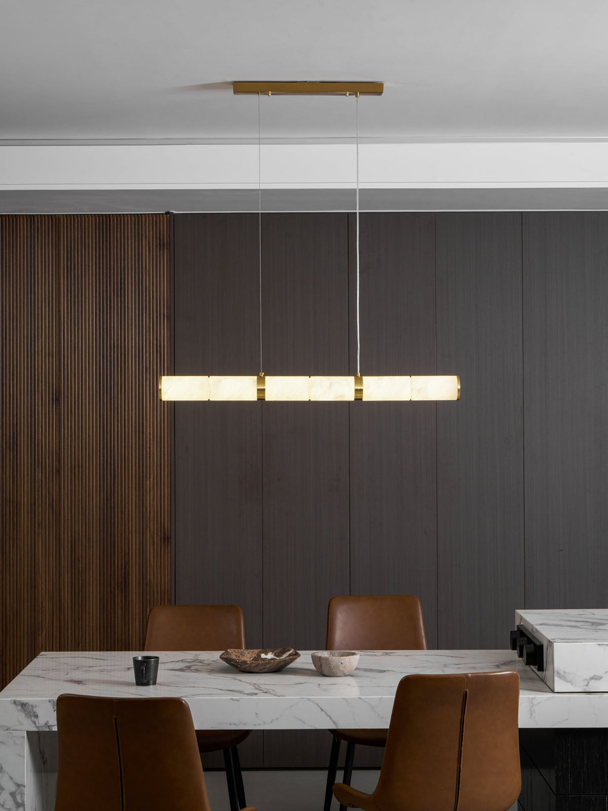 Elegant Alabaster Beam Pendant Light Sculptural with Brass Accents
