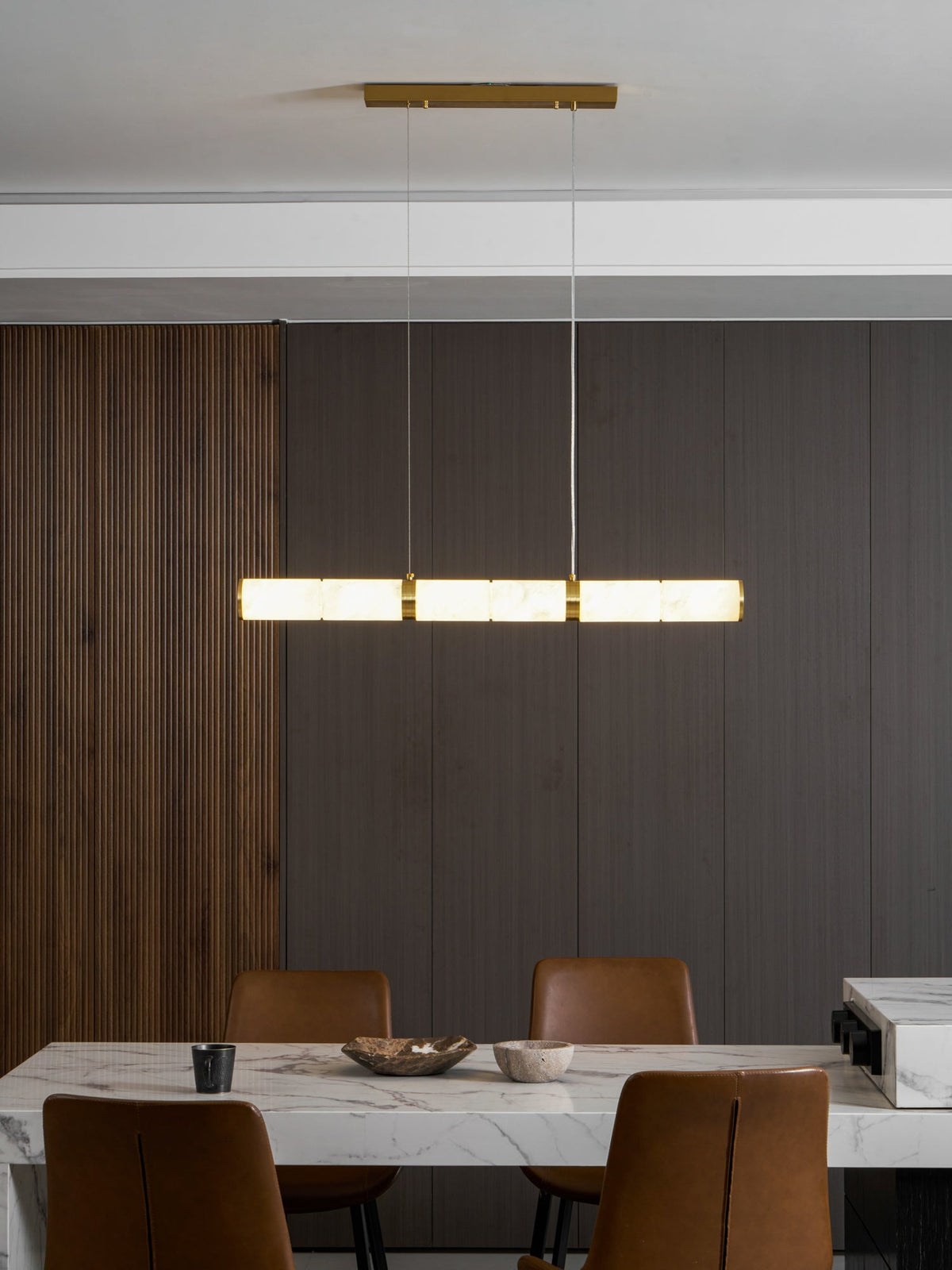 Elegant Alabaster Beam Pendant Light Sculptural with Brass Accents