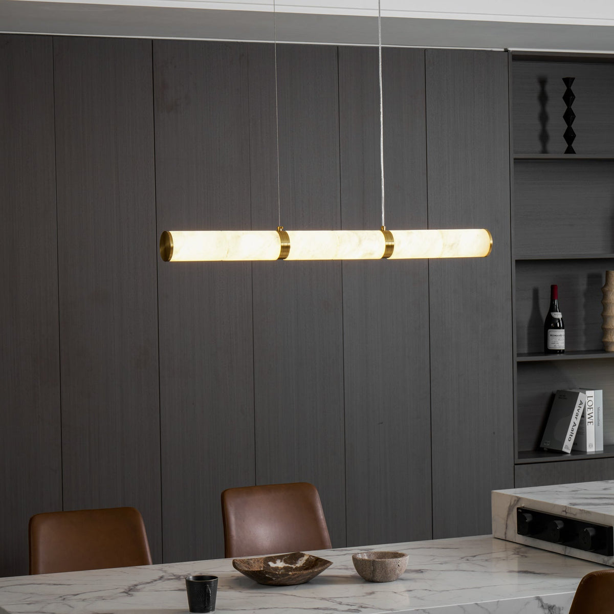 Elegant Alabaster Beam Pendant Light Sculptural with Brass Accents