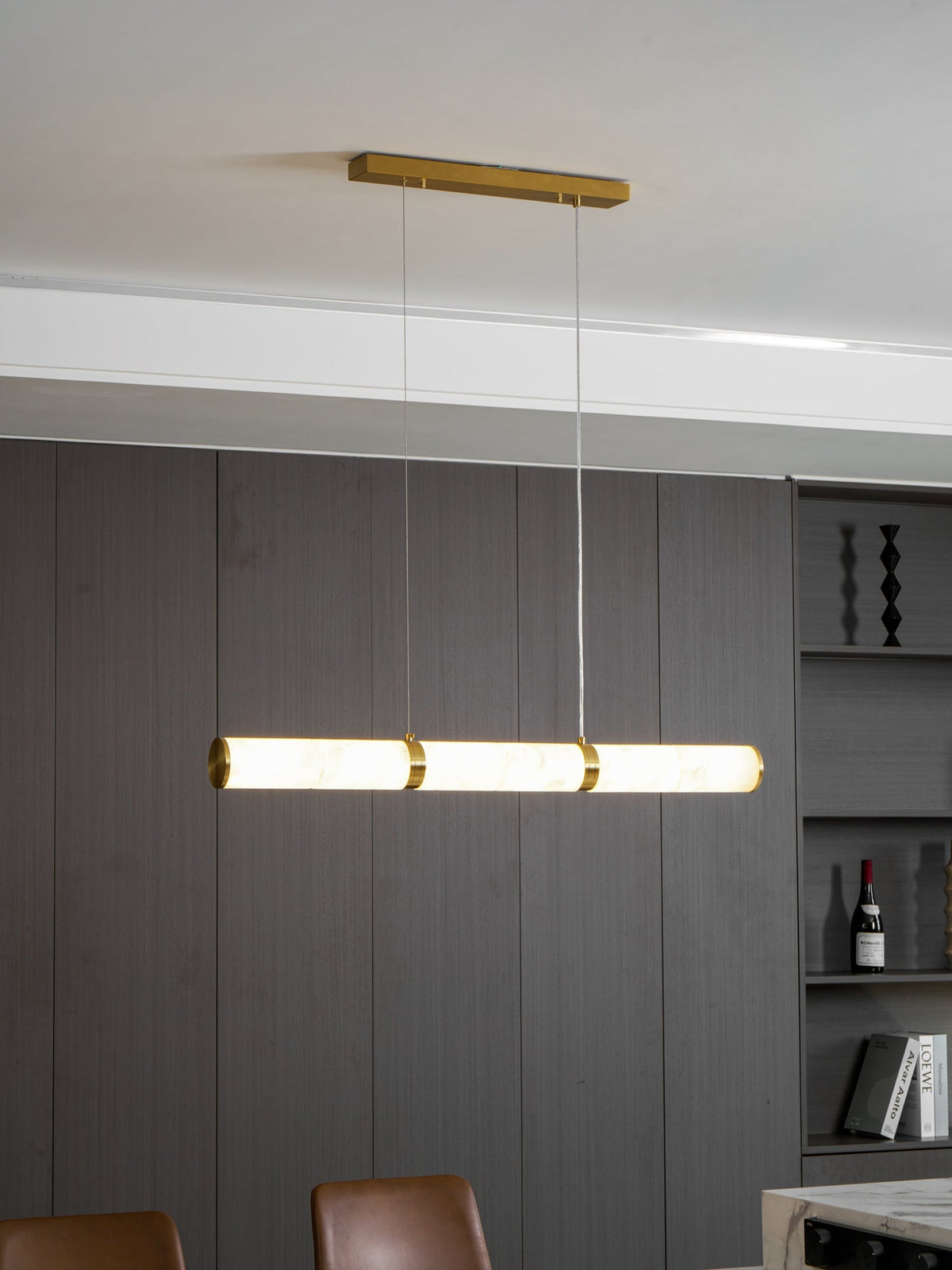 Elegant Alabaster Beam Pendant Light Sculptural with Brass Accents