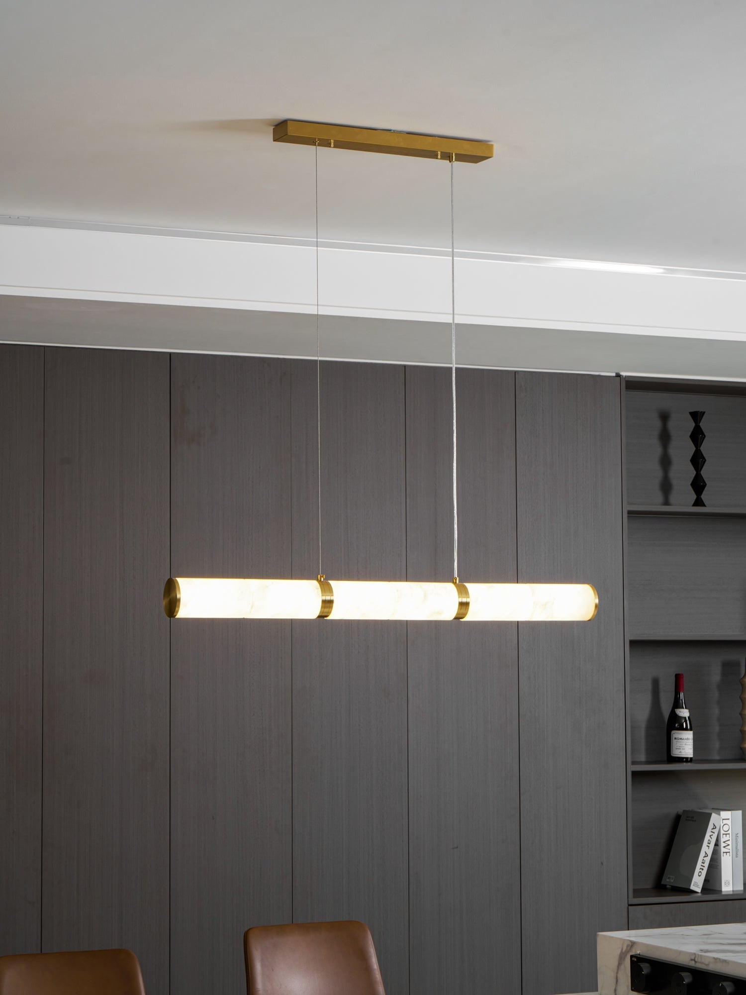 Elegant Alabaster Beam Pendant Light Sculptural with Brass Accents
