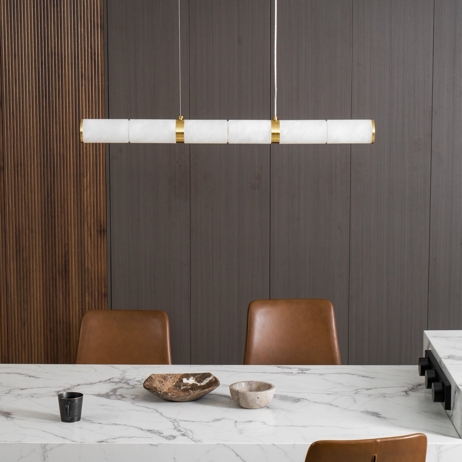 Elegant Alabaster Beam Pendant Light Sculptural with Brass Accents