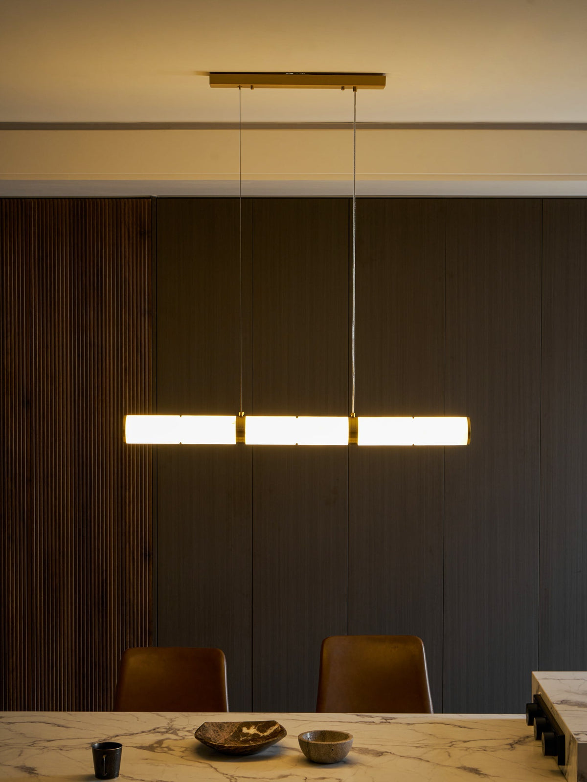 Elegant Alabaster Beam Pendant Light Sculptural with Brass Accents