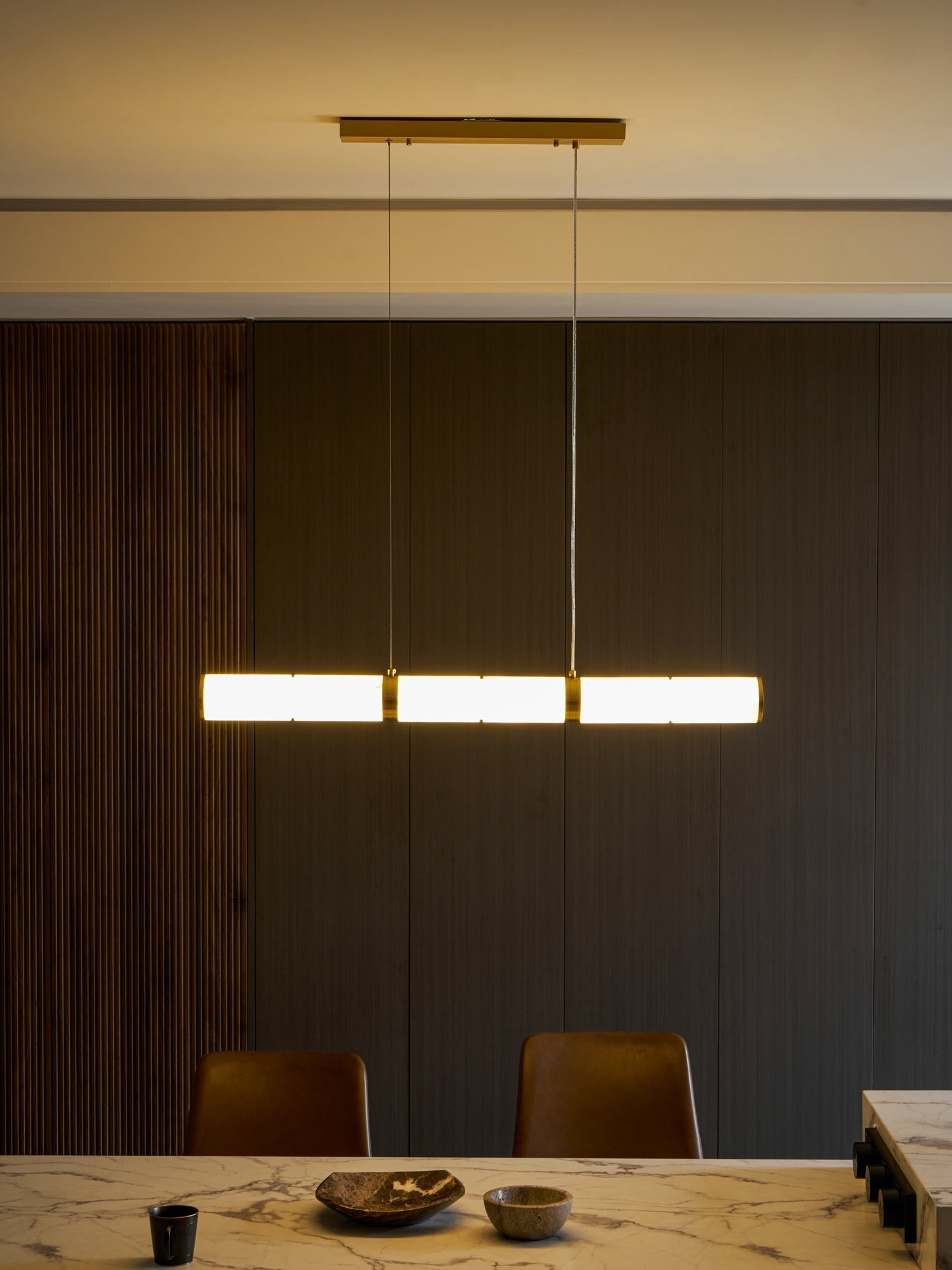 Elegant Alabaster Beam Pendant Light Sculptural with Brass Accents