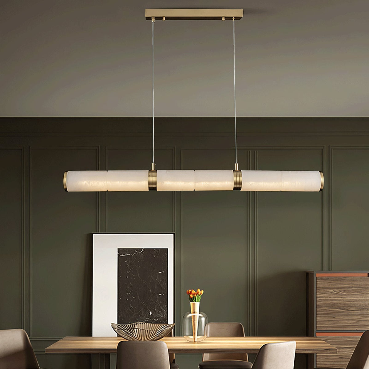 Elegant Alabaster Beam Pendant Light Sculptural with Brass Accents