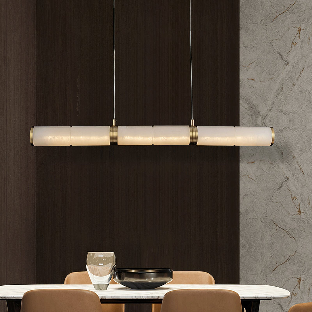 Elegant Alabaster Beam Pendant Light Sculptural with Brass Accents