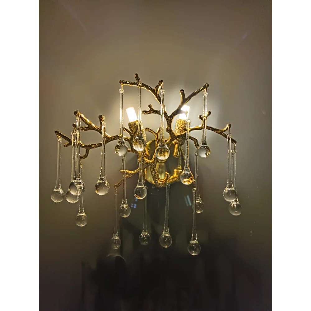 Elsa Crystal Droplet Gold Branch Wall Sconce For Living Room Bedroom Chandelier