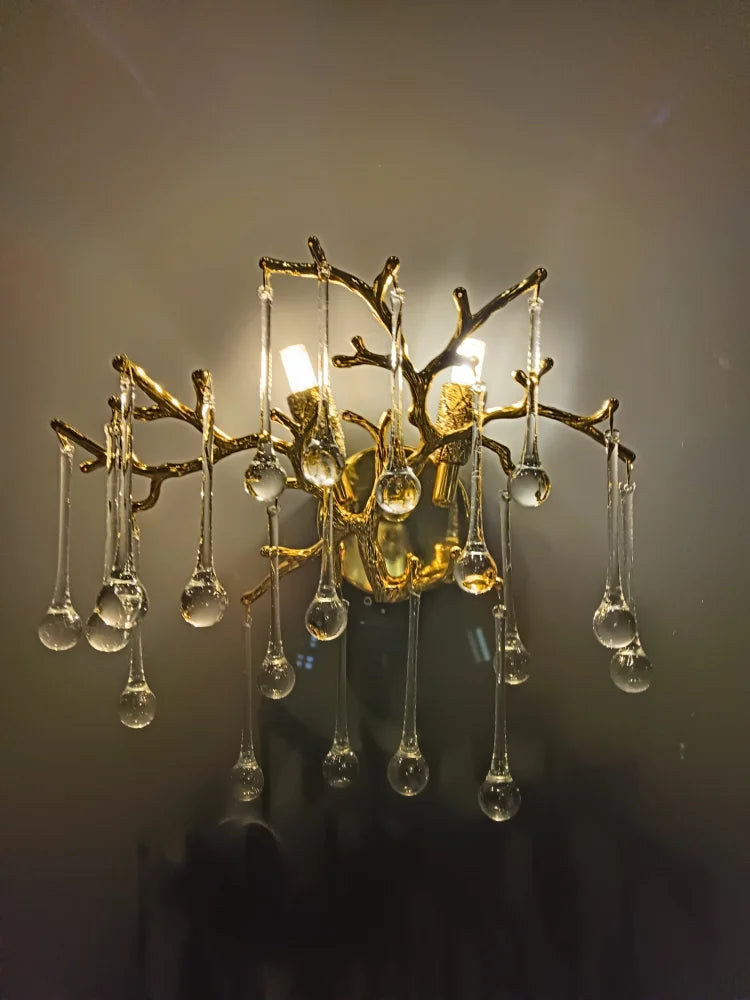 Elsa Crystal Droplet Gold Branch Wall Sconce For Living Room Bedroom Chandelier