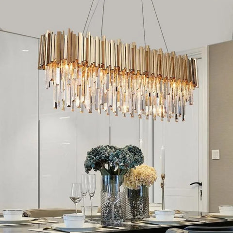 chandeliers over dining table