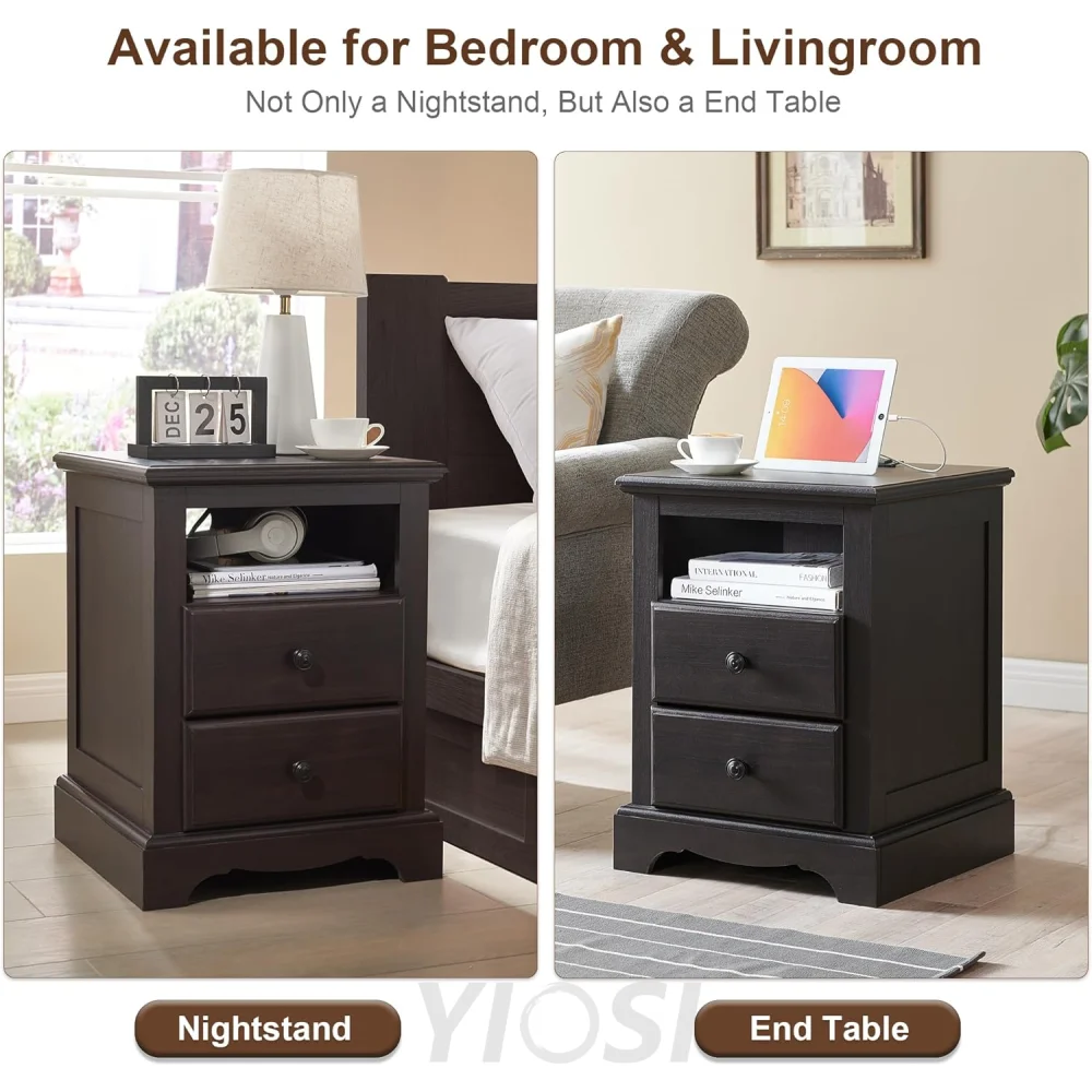 T4TREAM Espresso Nightstand with Charging Station and Two Drawers