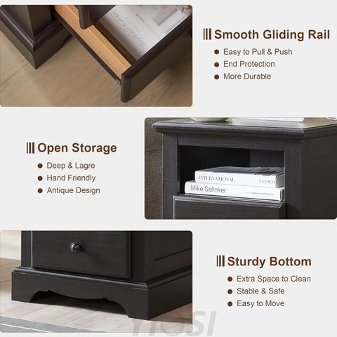 T4TREAM Espresso Nightstand with Charging Station and Two Drawers