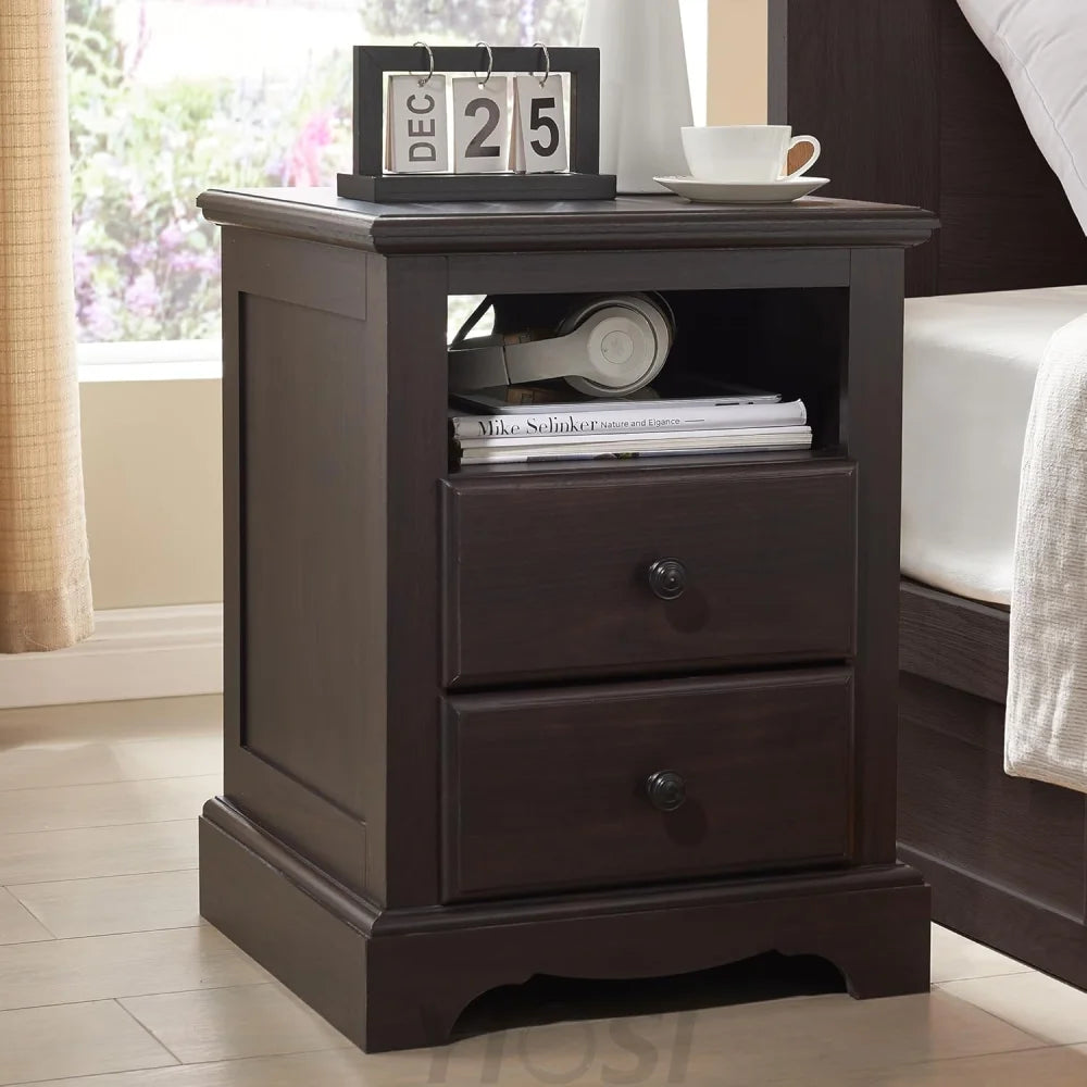 T4TREAM Espresso Nightstand with Charging Station and Two Drawers