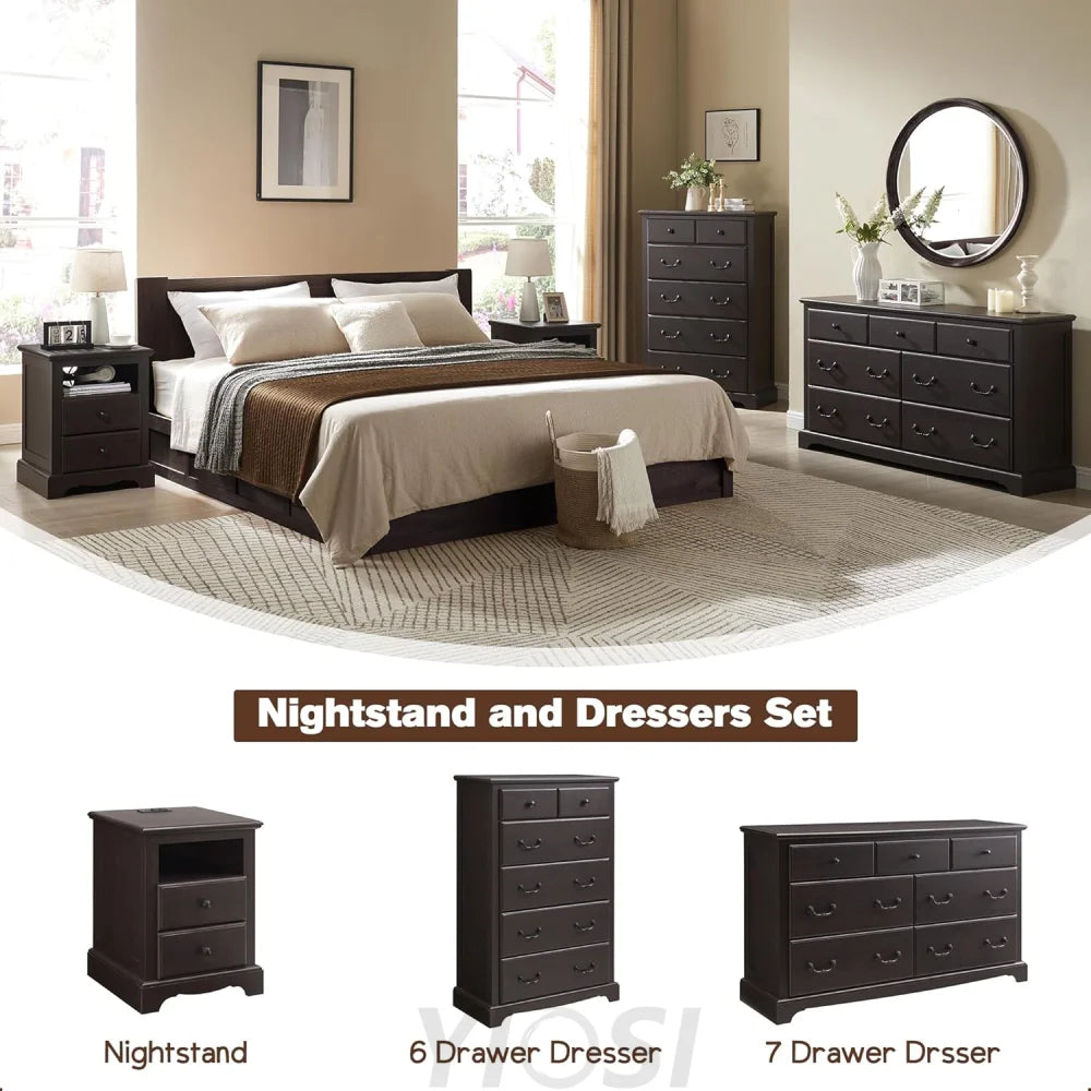 T4TREAM Espresso Nightstand with Charging Station and Two Drawers