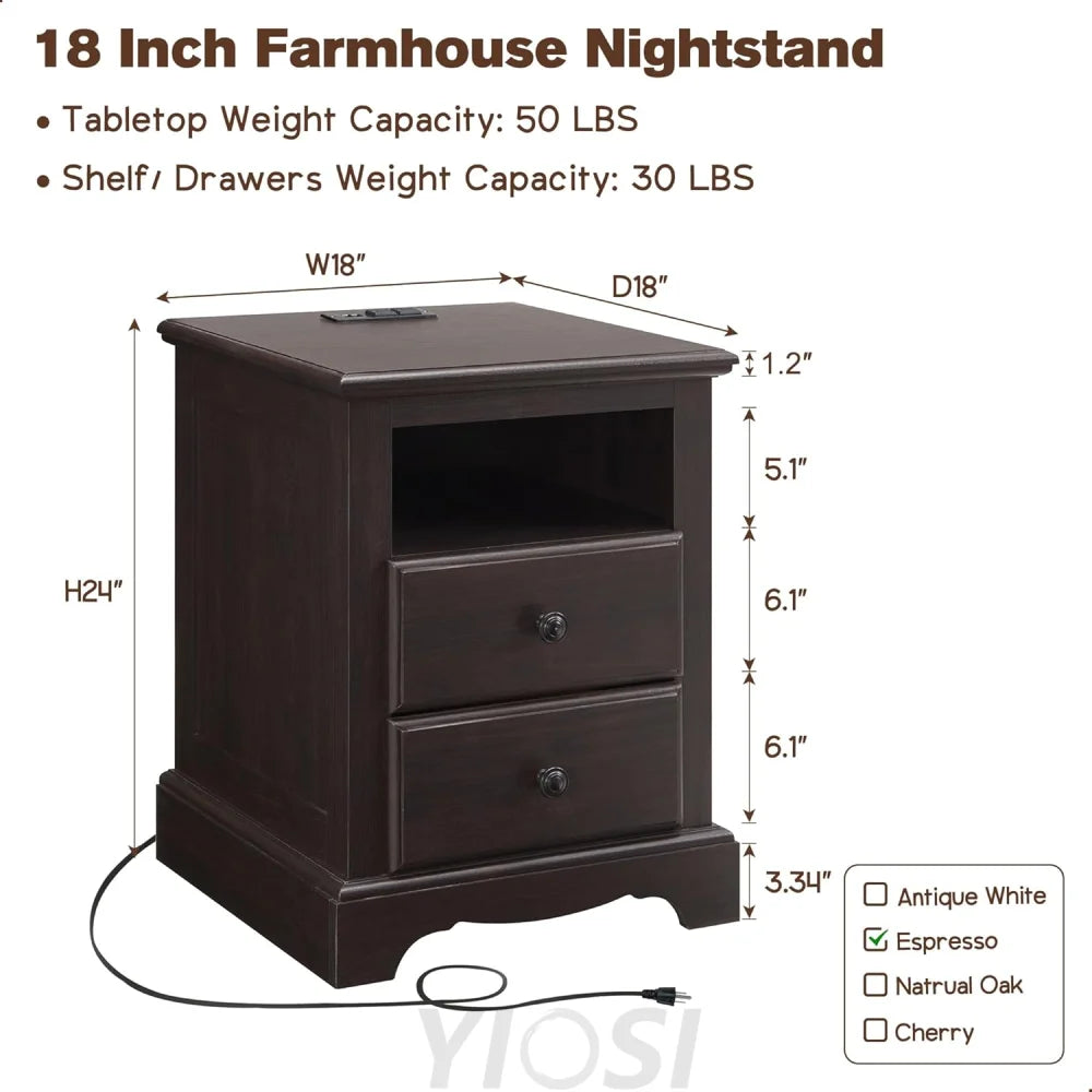 T4TREAM Espresso Nightstand with Charging Station and Two Drawers