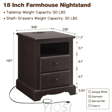 T4TREAM Espresso Nightstand with Charging Station and Two Drawers