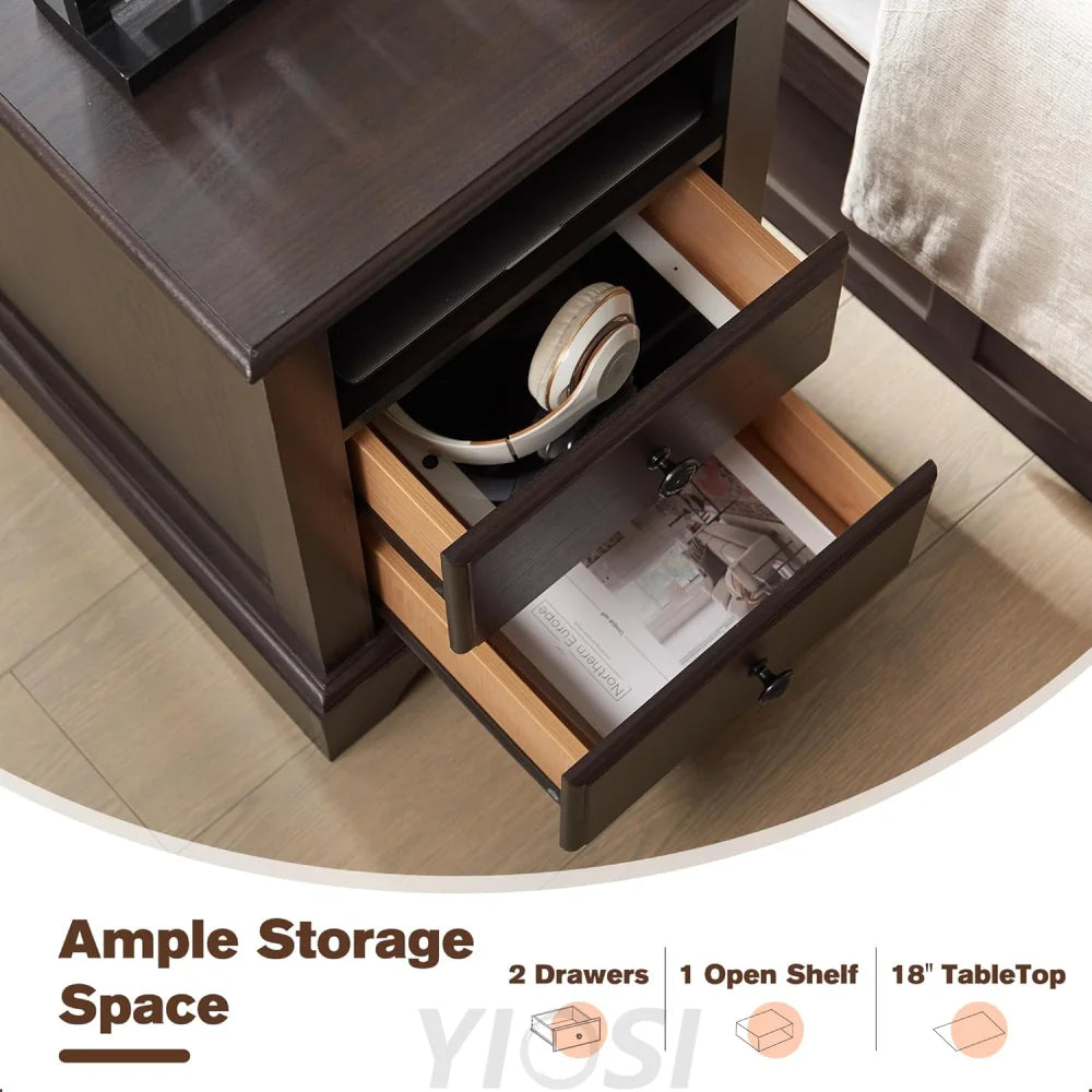 T4TREAM Espresso Nightstand with Charging Station and Two Drawers