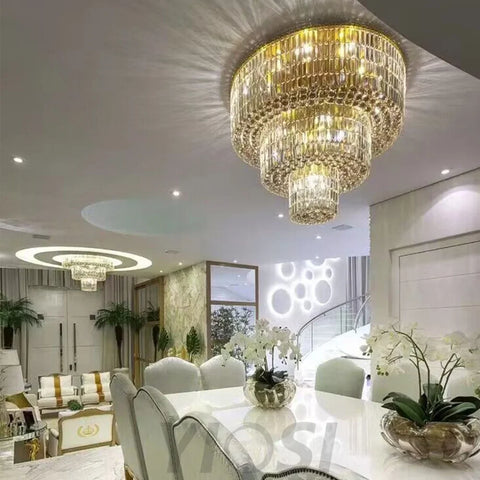 Extra Large Gold Flush Mount Crystal Light Round 3-Layers Decorative Living Room/Dining Room