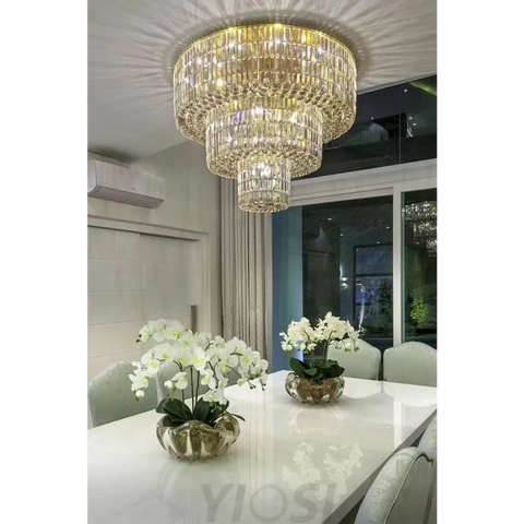 Extra Large Gold Flush Mount Crystal Light Round 3-Layers Decorative Living Room/Dining Room