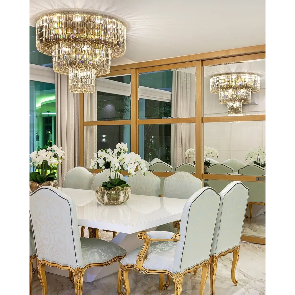 Extra Large Gold Flush Mount Crystal Light Round 3-Layers Decorative Living Room/Dining Room