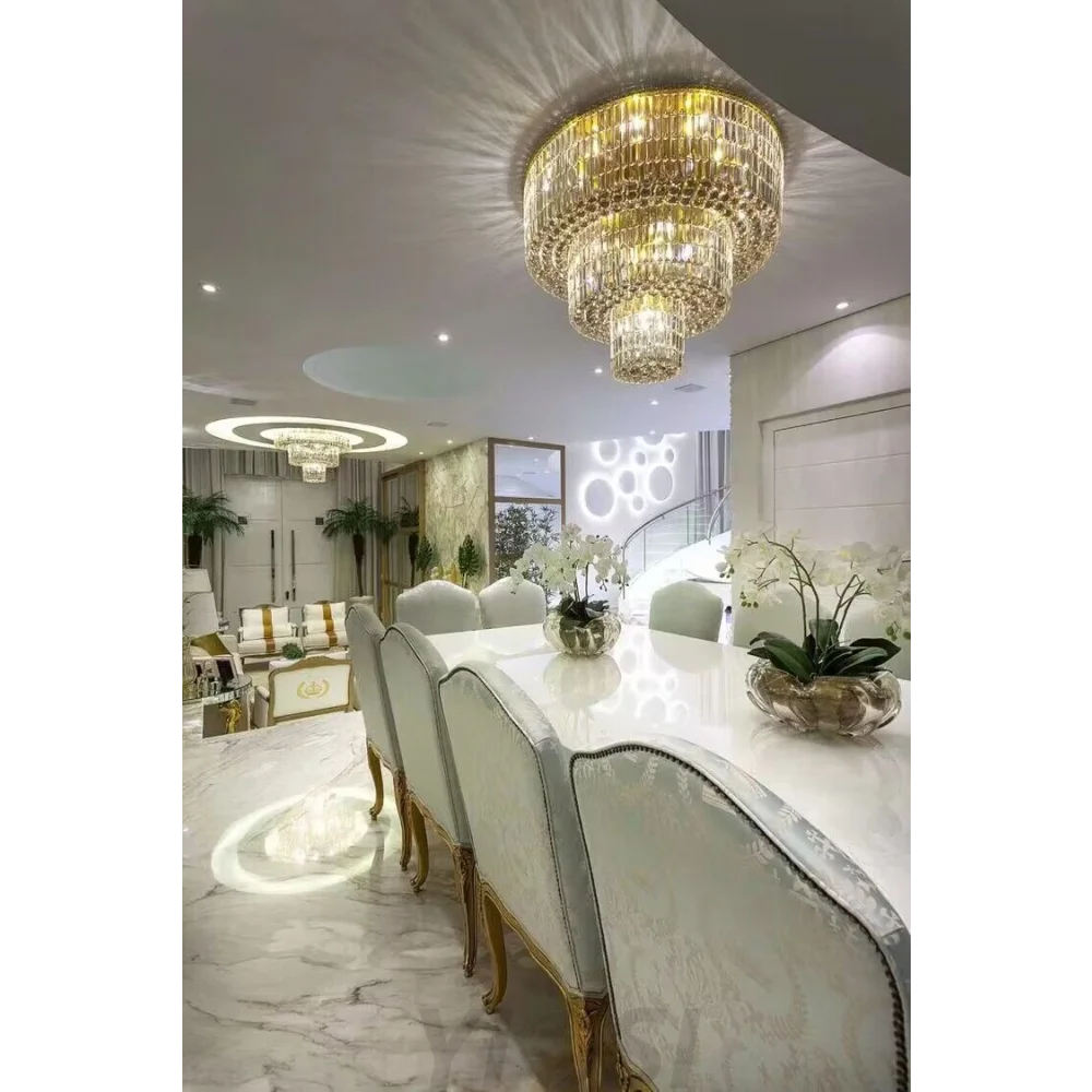Extra Large Gold Flush Mount Crystal Light Round 3-Layers Decorative Living Room/Dining Room