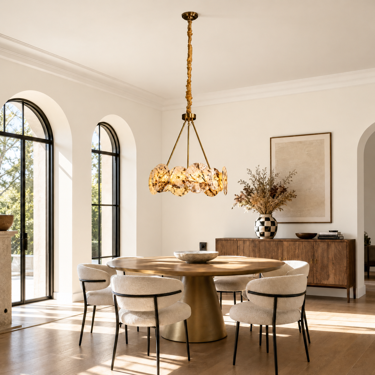 Modern Chandelier Gold Natural Stone Metal Ø22.4" for Dining Room Foyer